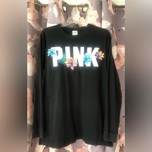 black PINK shirt with logo and embroidered flowers